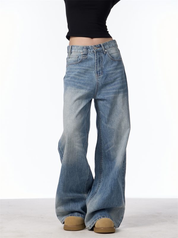 Retro Worn Looking Washed-out Jeans Women's Loose Straight Wide-leg Pants - Image 5