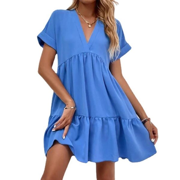 Sweet V-neck Solid Color Wide Hem Leisure Skirt Dress - Image 3