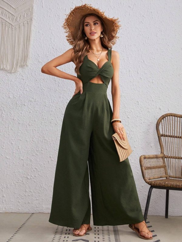 Women's Solid Color Loose Overall One Piece Summer Beach Jumpsuit With Spaghetti Straps - Image 5