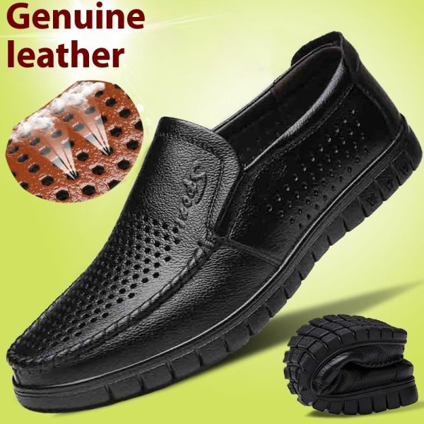 Breathable Hollow Hole Sandals Cowhide Middle-aged And Elderly Genuine Leather Soft Bottom Leather Shoes