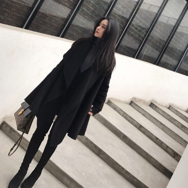 Black Medium Long Irregular Loose Cloak Woolen Coat