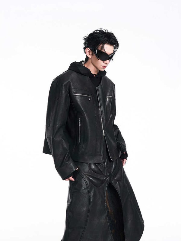 Niche V-neck Zipper Design Leather Coat For Men - Image 5