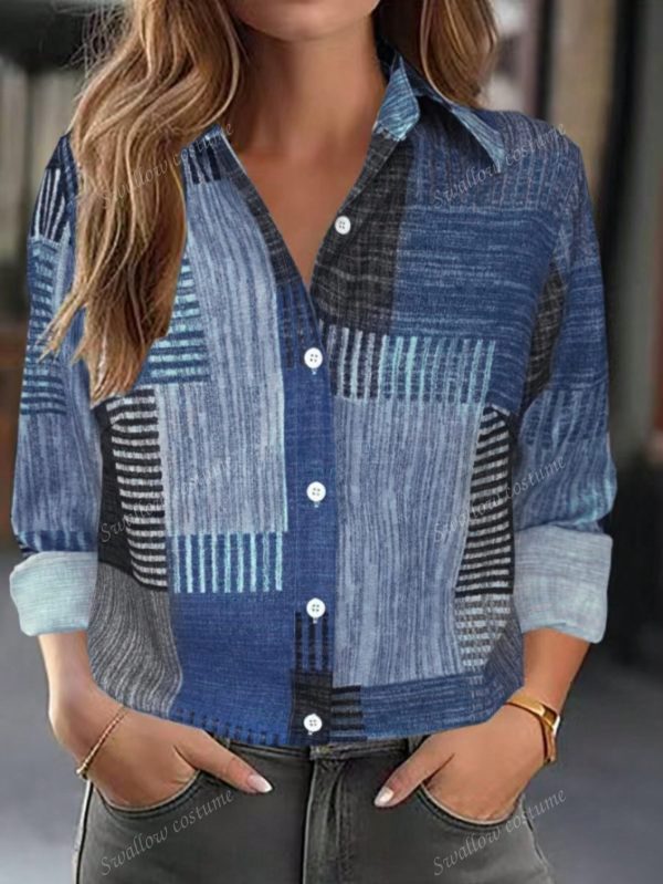 Color Block Button Print Long Sleeve Casual Retro Shirt - Image 5