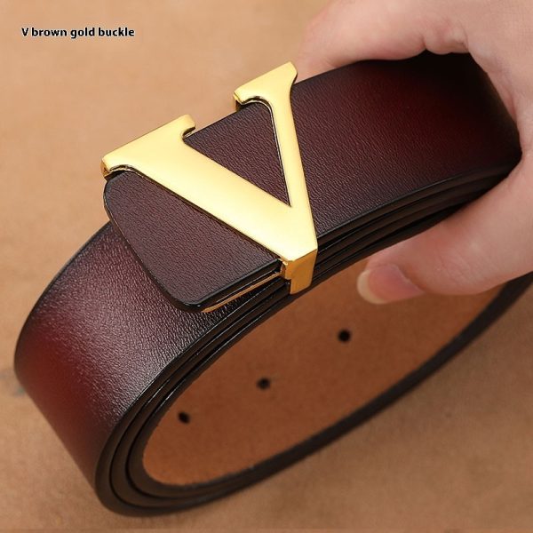 Factory Direct Sales Retro Smooth Genuine Leather Pure Cowhide Letter V Pants Belt - Image 3