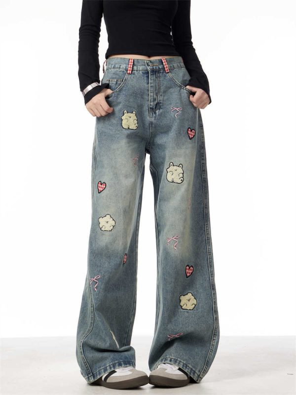 Jeans Female Lamb Embroidery Retro Straight-leg Pants - Image 4