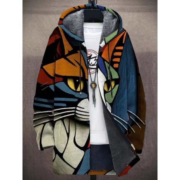 Men's Coat Winter Print Plush Lining Thick Windproof Jacket Long Sleeve Zipper - Image 2