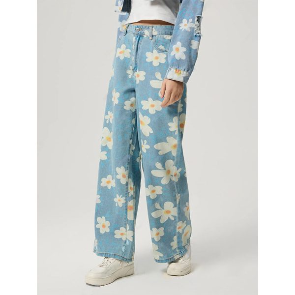 Vintage Flower Print Straight Jeans - Image 3