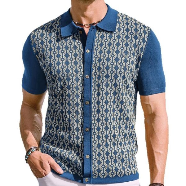 Summer Tencel Short-sleeved Sweater Lapel Jacquard Cardigan For Men - Image 5