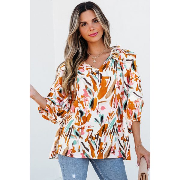 European And American Fashion Colorblock Printed V-neck Chiffon Shirt Women - Image 3