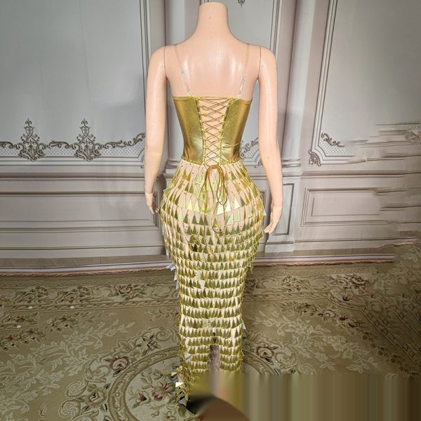 Golden Bright Surface Bandage Design Tight Waist Slimming Mermaid Day Formal Dress - Image 3