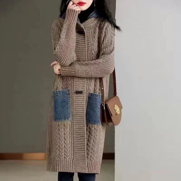 Spring And Autumn Cardigan Mid-length Loose Western Style Outer Wear Hooded Knitted Top - Image 3