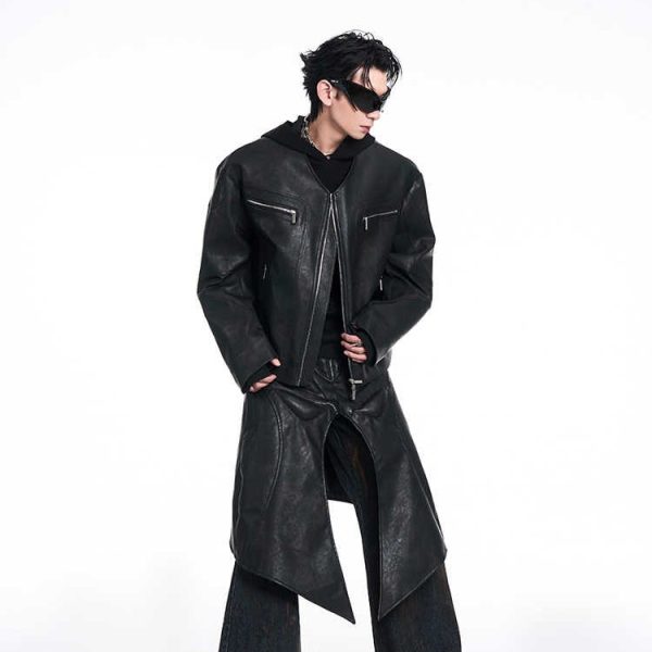 Niche V-neck Zipper Design Leather Coat For Men