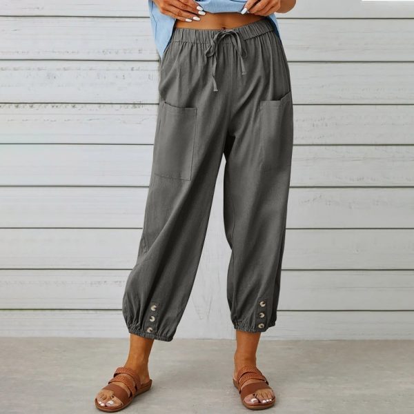 Loose High Waist Button Cotton And Linen Trousers Cropped Pants Wide Leg Women's Pants - Image 2