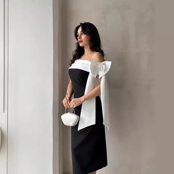 Women's Off-shoulder Bow Black And White Color Matching Elegant Cocktail Dress - Image 3