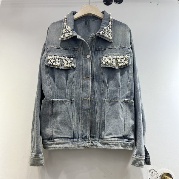 Vintage Denim Jacket Women's Washed Waist Heavy Industry Beads