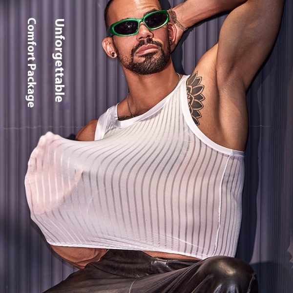 New Men's Cross-strap Vest Striped Thin Transparent High Elastic Skin-friendly Top - Image 3