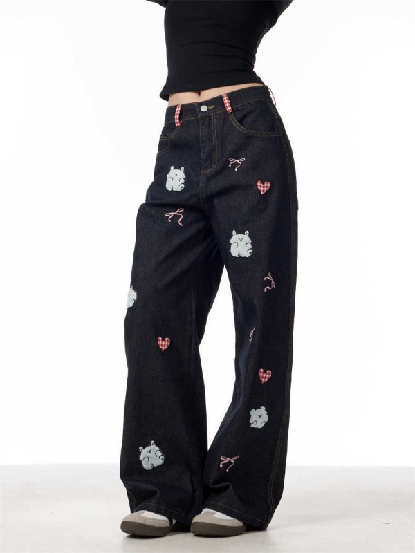 Jeans Female Lamb Embroidery Retro Straight-leg Pants - Image 2