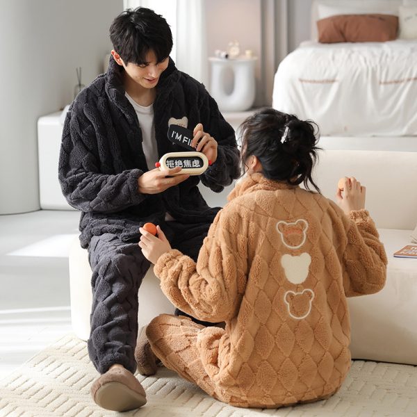 Flannel Couple Pajamas Men's Autumn And Winter Thickened Keep Warm New Zipper Cardigan Cute Coral Fleece Homewear - Image 7