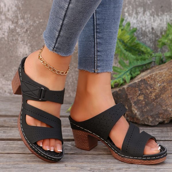 Square-heeled Peep-toe Slides Shoes Summer Casual Chunky Heel Sandals Solid Color Slippers - Image 7