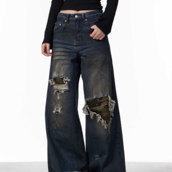 Distressed Camouflage Patch Ripped Jeans Women Loose Straight-leg Wide-leg Pants