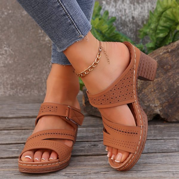 Square-heeled Peep-toe Slides Shoes Summer Casual Chunky Heel Sandals Solid Color Slippers - Image 3