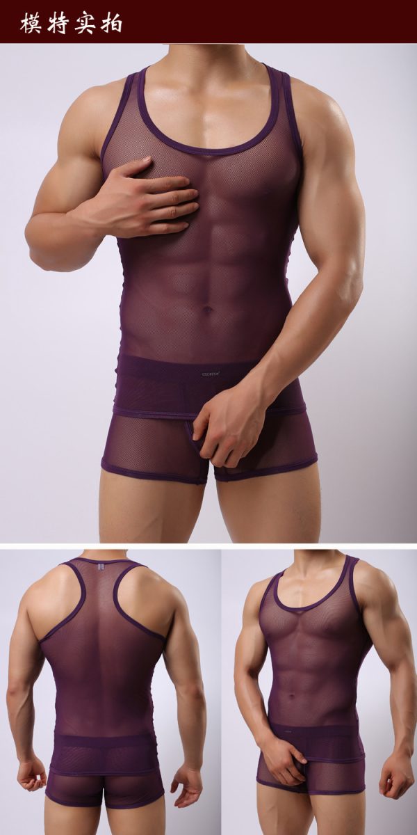 Fitness Transparent Cutout Mesh Men's Underwear Mesh Style For Sports Hurdles Vest Shorts Set - Image 10