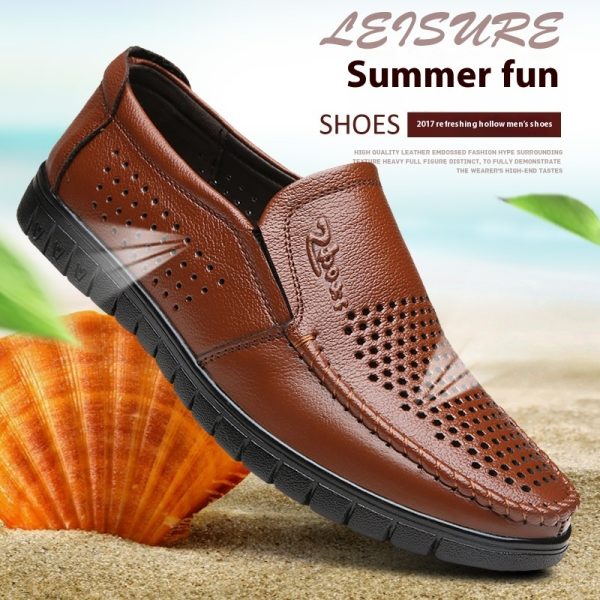 Breathable Hollow Hole Sandals Cowhide Middle-aged And Elderly Genuine Leather Soft Bottom Leather Shoes - Image 4