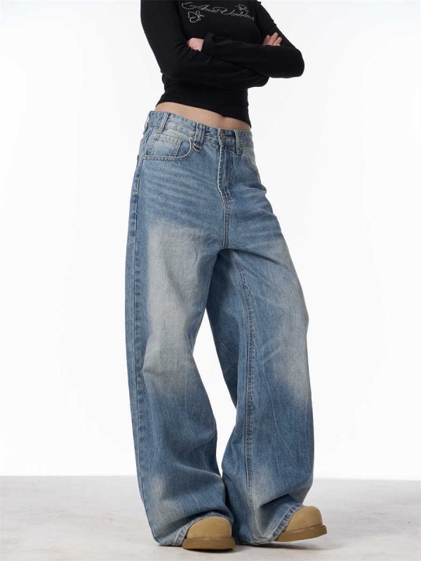 Retro Worn Looking Washed-out Jeans Women's Loose Straight Wide-leg Pants - Image 7