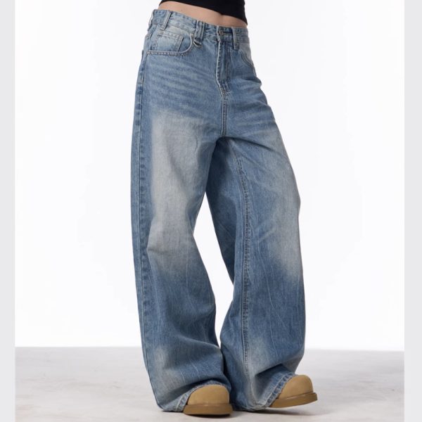 Retro Worn Looking Washed-out Jeans Women's Loose Straight Wide-leg Pants - Image 2