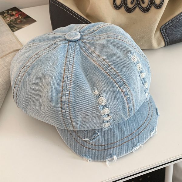 Retro Make Old Ripped Denim Beret Women - Image 7