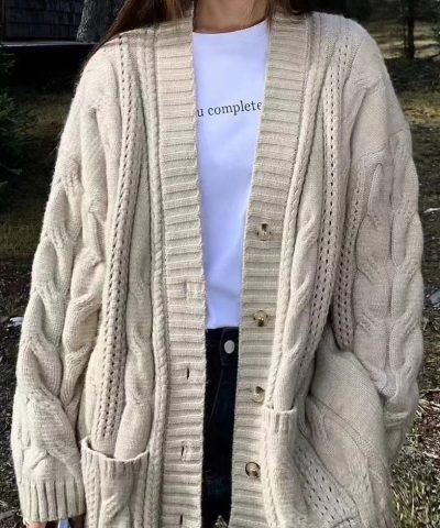 European And American Solid Color Cable-knit Sweater Knitted Cardigan Jacket