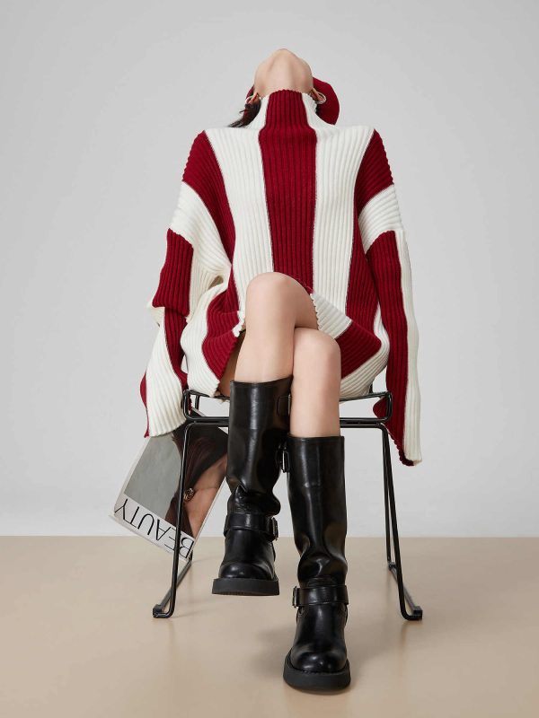 Contrast Color Pit Striped Turtleneck Sweater - Image 4