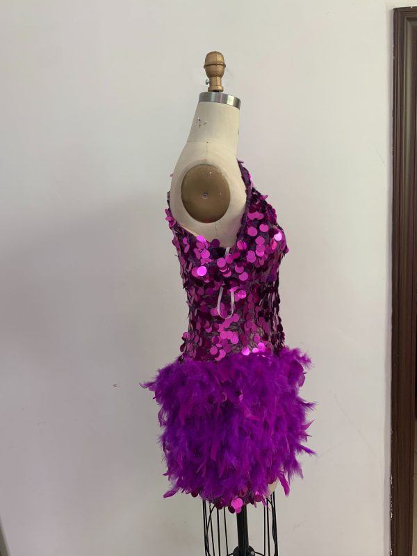 Purple Sequined Feather Skirt One-shoulder Sleeve Short Dress Luxury Party Stage Performance Dress - Image 5