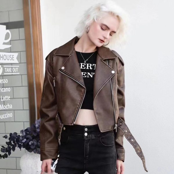 Hong Kong Style Retro Coat Women's Short Spring And Autumn New Casual Pop Motorcycle PU Leather Jacket