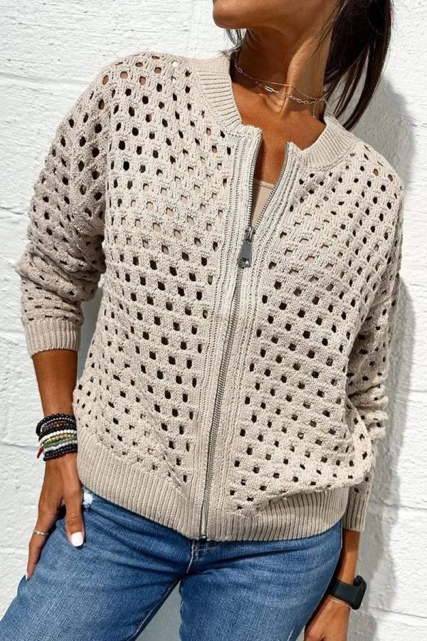 European And American Leisure Hollow Knitted Zipper Jacket Women's Coat - Image 10