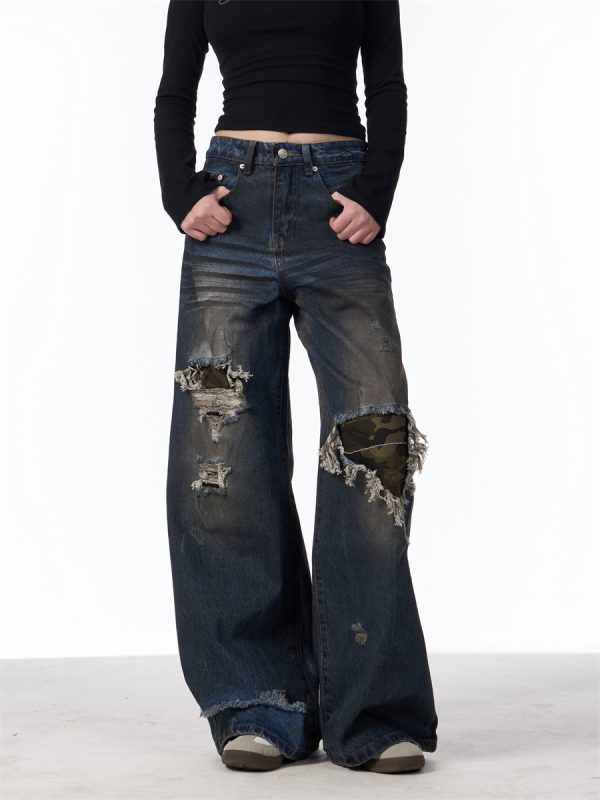 Distressed Camouflage Patch Ripped Jeans Women Loose Straight-leg Wide-leg Pants - Image 6