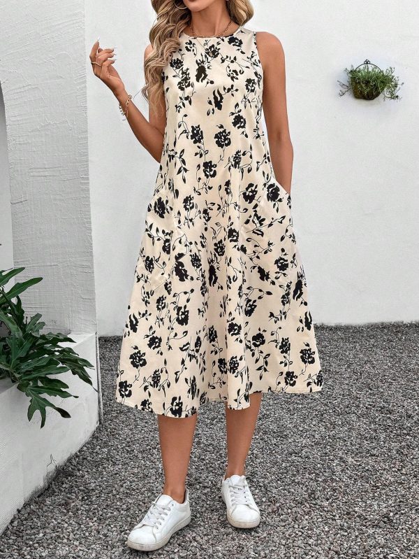 Round Neck Sleeveless Flared Hem Retro Floral Print Casual Elegant Midi Dress - Image 4