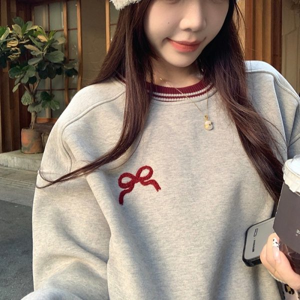 Korean Style Fleece-lined Embroidered Bow Round Neck Sweater For Women - Image 4