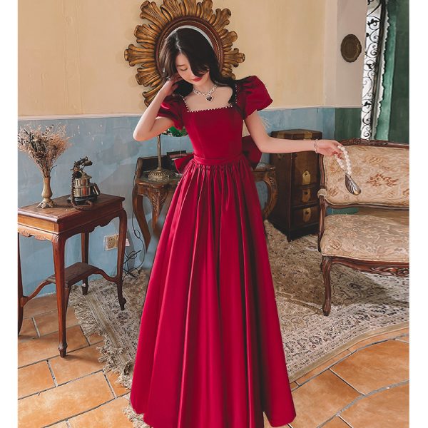 Winter Wine Red Engagement Daily French Princess On The Run Satin Dress - Image 2