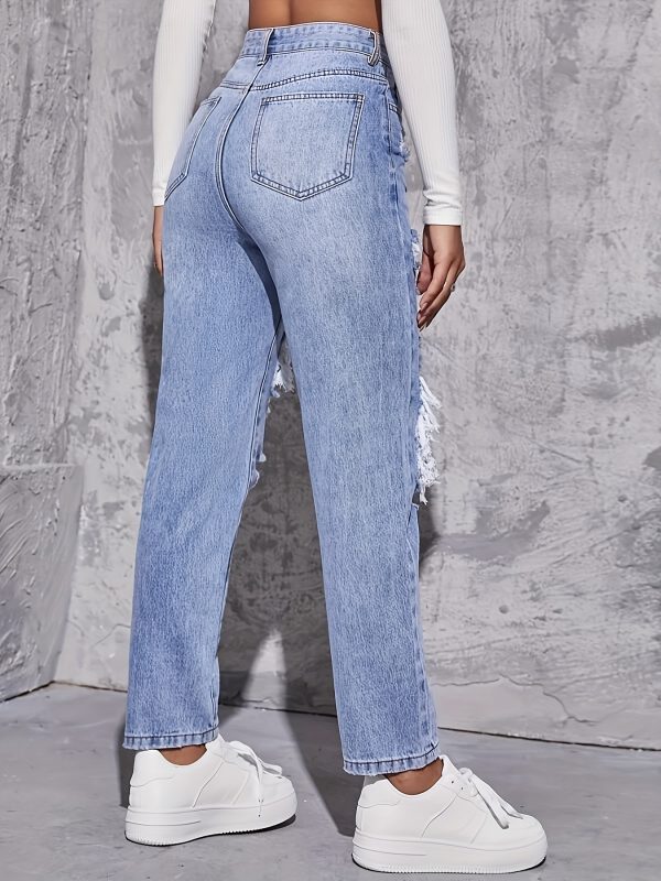 Casual High Waist Ripped Denim Trousers - Image 3