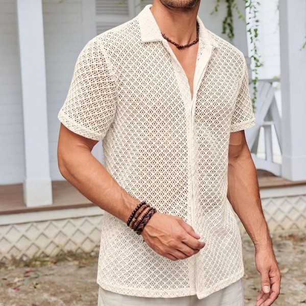 Fashion Solid Color Polo Collar Short Sleeve Mesh Shirt Tops Men Clothing - Image 3