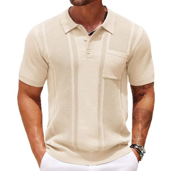 Men's Polo Shirt Summer Solid Color Short Sleeve Sunken Stripe Commuter Style Pullover Sweater - Image 5