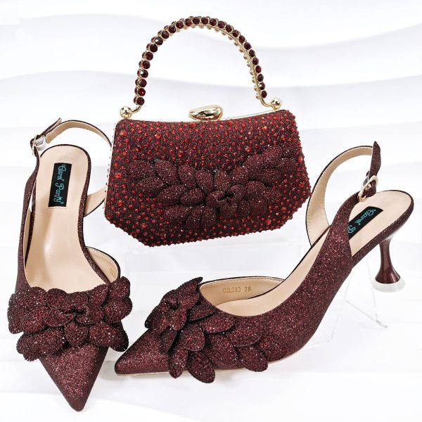 Cross-border Ladies Party Shoes Bag Set Handmade Leaf Decorative Wine Glass Heel - Image 10