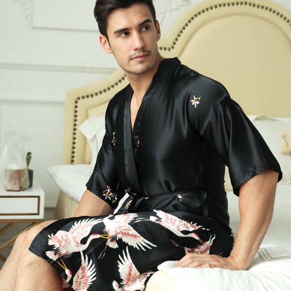 Mid-length Printed Artificial Silk Nightgown Men's Groom Best Man Morning Gowns Sexy Pajamas - Image 2