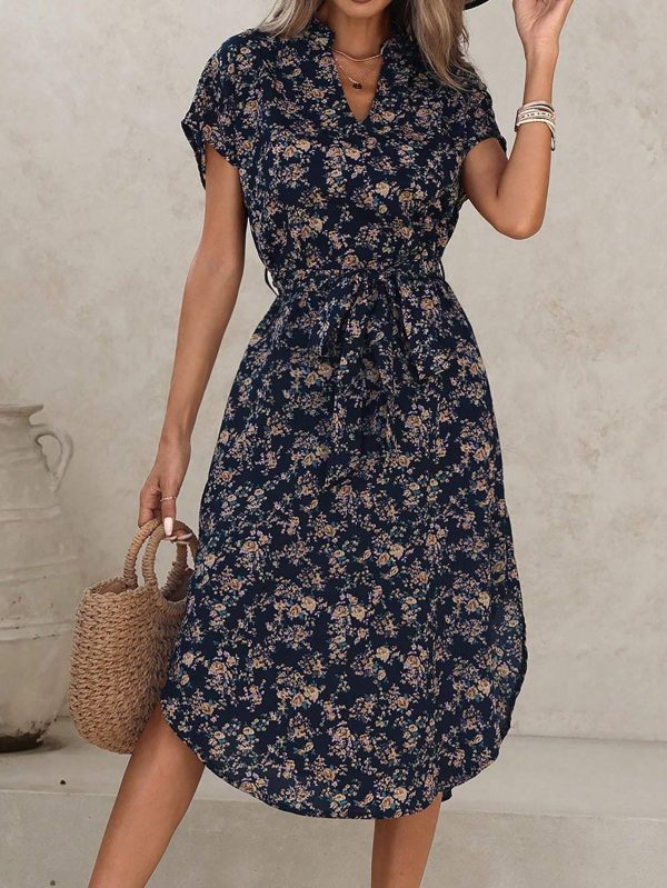 Summer Floral Print V-Neck Batwing Sleeve Dress With Split Hemline - Image 3