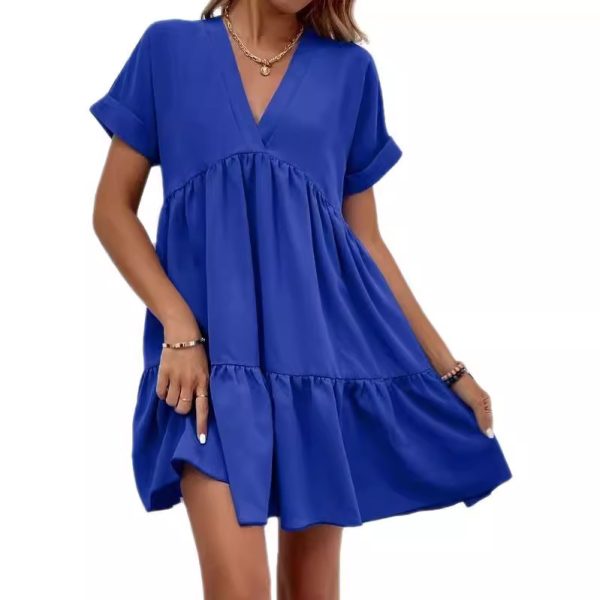 Sweet V-neck Solid Color Wide Hem Leisure Skirt Dress - Image 5