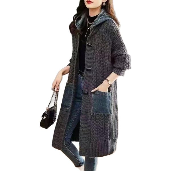 Spring And Autumn Cardigan Mid-length Loose Western Style Outer Wear Hooded Knitted Top - Image 5