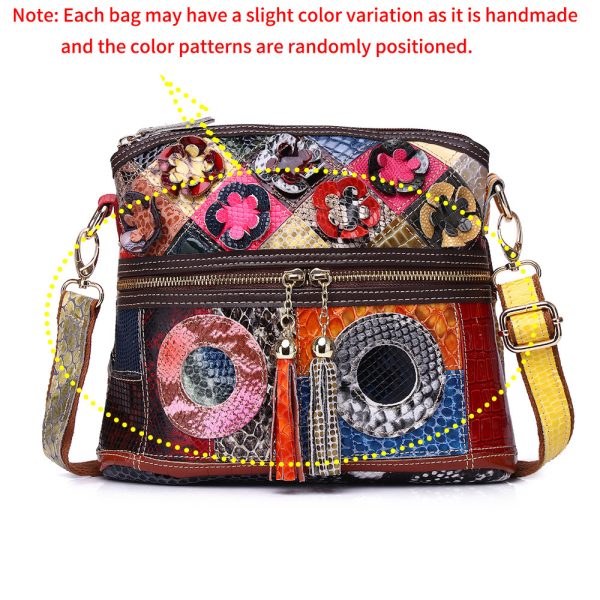 Genuine Leather Serpentine Color Handmade Casual Daily Tassel Flowers Shoulder Messenger Bag For Women - Image 7