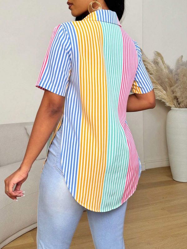 Contrast Color Striped Print Front Button Asymmetrical Hem Short Sleeve Shirt - Image 4