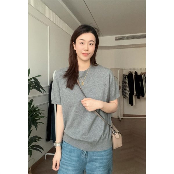 Pure Color Cotton Spun Yarn Knitwear Short Sleeve - Image 2